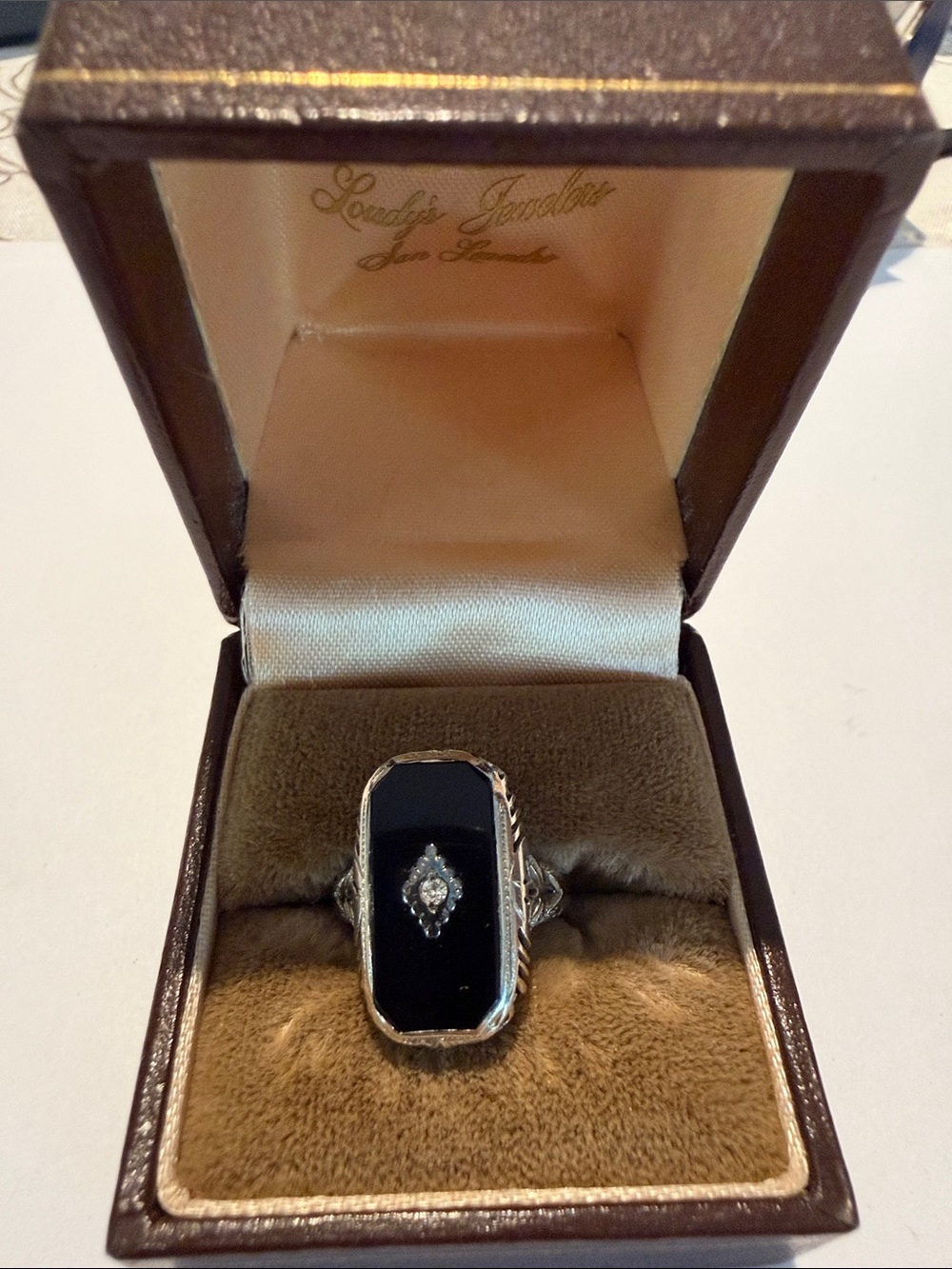 14k White Gold Black Onyx and Diamond Vintage Ring - 1920s rare